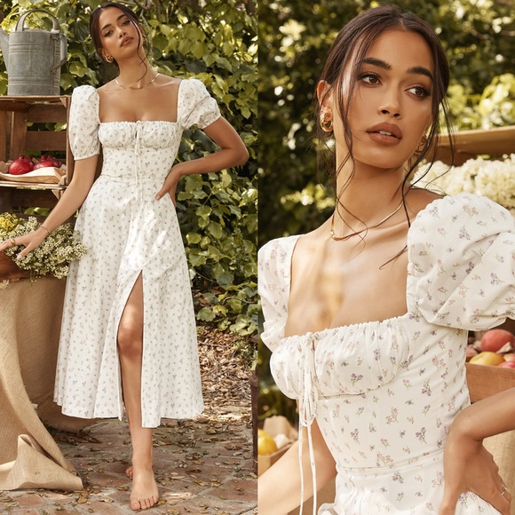 HOUSE OF CB 'Tallulah' White Floral Puff Sleeve Midi Dress - Picture 2 of 7